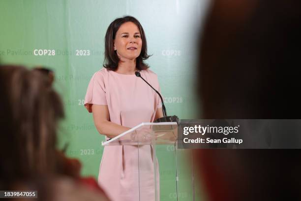 German Foreign Minister Annalena Baerbock speaks to the media at the German pavilion on day eight of the UNFCCC COP28 Climate Conference at Expo City...