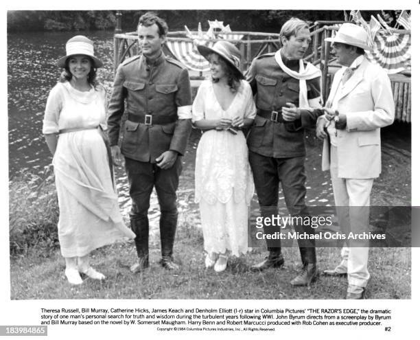 Actress Theresa Russell, actor Bill Murray, actress Catherine Hicks, actor James Keach and actor Denholm Elliott on set of the Columbia Pictures...