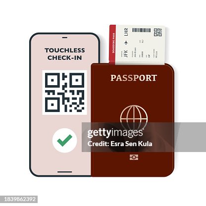 A mobile phone illustration displaying a QR code and a touchless check-in process on its screen. A mobile phone illustration displaying a QR code and a touchless check-in process on its screen.
