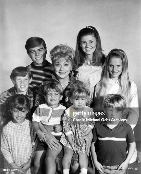 Actress Lucille Ball with actors Jennifer Leak, Kevin Burchett, Kimberly Beck, Margot Jane, Eric Shea, Greg Atkins, Lynnell Atkins pose for the movie...