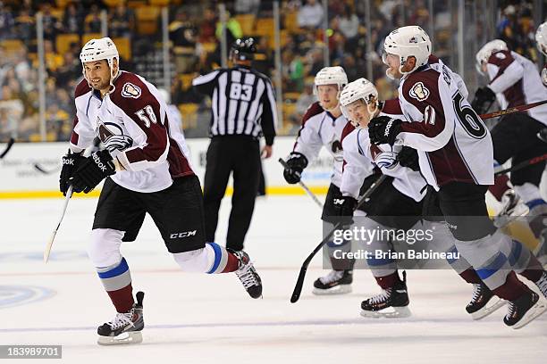 Patrick Bordeleau of the Colorado Avalanche skates out to celebrate a win against the Boston Bruins at the TD Garden on October 10, 2013 in Boston,...