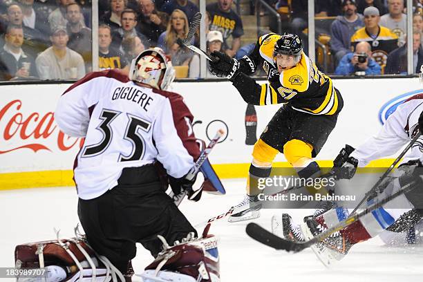Loui Eriksson of the Boston Bruins shoots the puck against Jean-Sebastien Giguere of the Colorado Avalanche at the TD Garden on October 10, 2013 in...