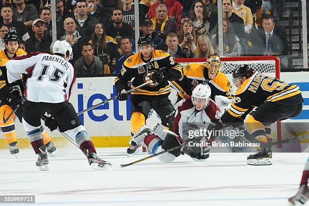 Parenteau of the Colorado Avalanche shoots the puck against the Boston Bruins at the TD Garden on October 10, 2013 in Boston, Massachusetts.
