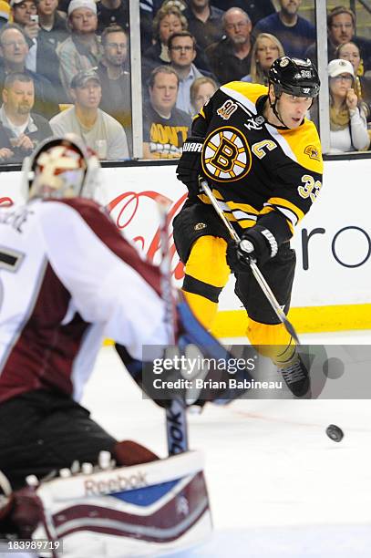 Zdeno Chara of the Boston Bruins shoots the puck against Jean-Sebastien Giguere of the Colorado Avalanche at the TD Garden on October 10, 2013 in...