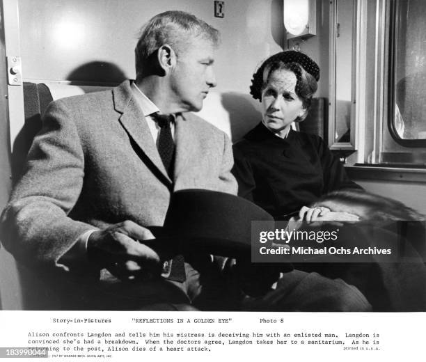 Actor Brian Keith and actress Julie Harris on set of the Warner Bros. Movie "Reflections in a Golden Eye" in 1967.