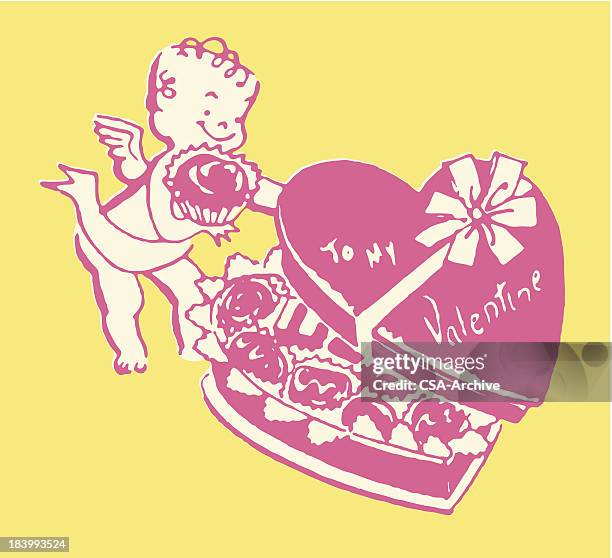 cupid with box of chocolates for valentine - old fashioned candy stock illustrations