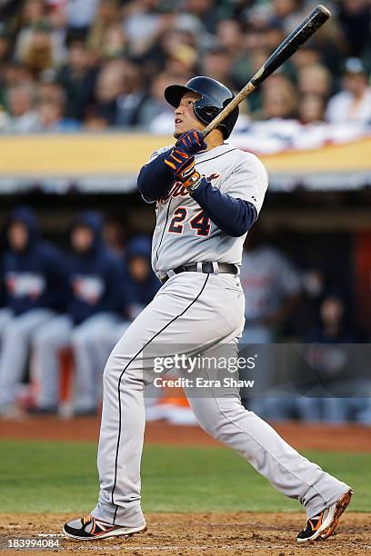 Miguel Cabrera of the Detroit Tigers watches his two-run home run in the fourth inning against the Oakland Athletics during Game Five of the American...