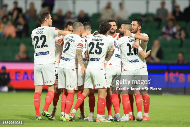 Melbourne City celebrate a goal during the A-League Men round seven match between Perth Glory and Melbourne City at HBF Park, on December 08 in...