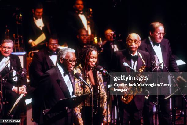 At the Jazz at Lincoln Center's 'An Evening With Benny Carter' concert, American Jazz musician Benny Carter , on alto saxophone, performs with, from...