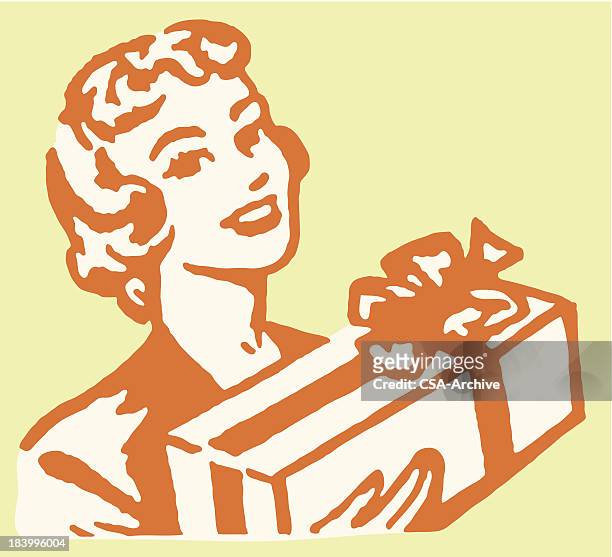 woman with wrapped gift - december birthday stock illustrations