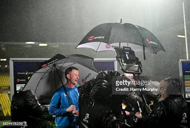 La Rochelle , France - 10 December 2023; Leinster head coach Leo Cullen speaks to TNT Sports after his side's victory in the Investec Champions Cup...