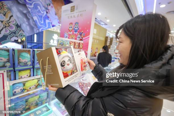 Customer selects Chinese zodiac Dragon versions of Bing Dwen Dwen, a Beijing Winter Olympic Games mascot, at a store on December 7, 2023 in Beijing,...