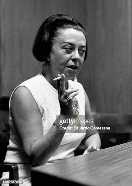 View of Italian actress Giulietta Masina during a press conference, Buenos Aires, Argentina, 1970s.