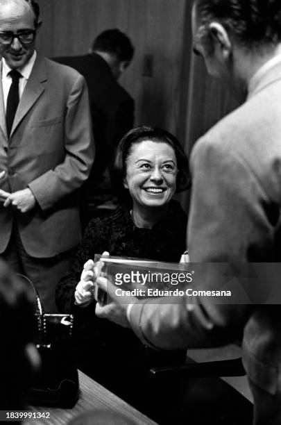 View of Italian actress Giulietta Masina during a press conference, Buenos Aires, Argentina, 1970s.