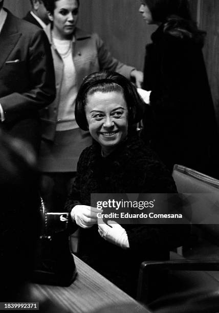 View of Italian actress Giulietta Masina during a press conference, Buenos Aires, Argentina, 1970s.