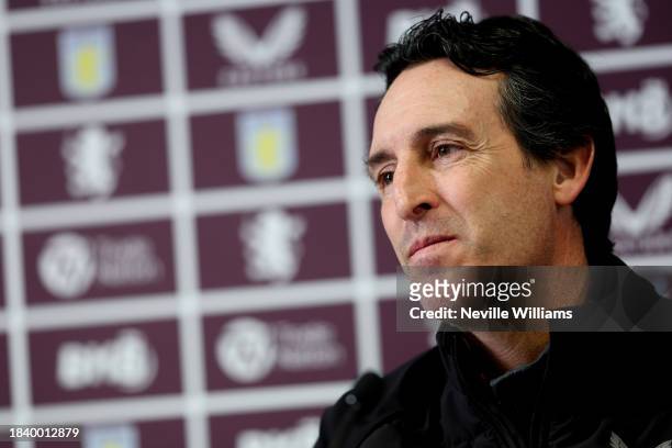 Unai Emery, head coach of Aston Villa talks to the media during a press conference at Bodymoor Heath training ground on December 08, 2023 in...