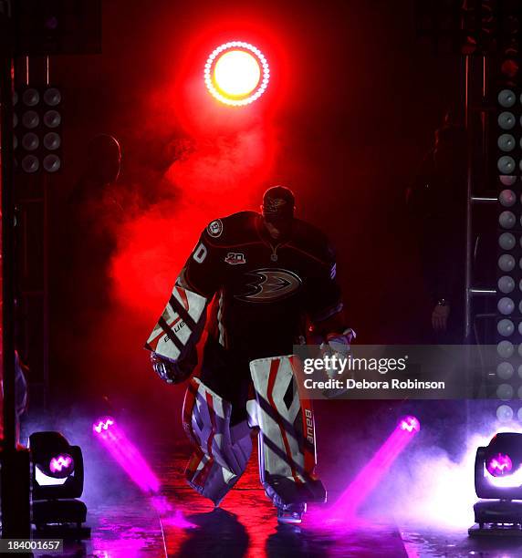 Viktor Fasth of the Anaheim Ducks is introduced before facing the New York Rangers at Honda Center on October 10, 2013 in Anaheim, California.