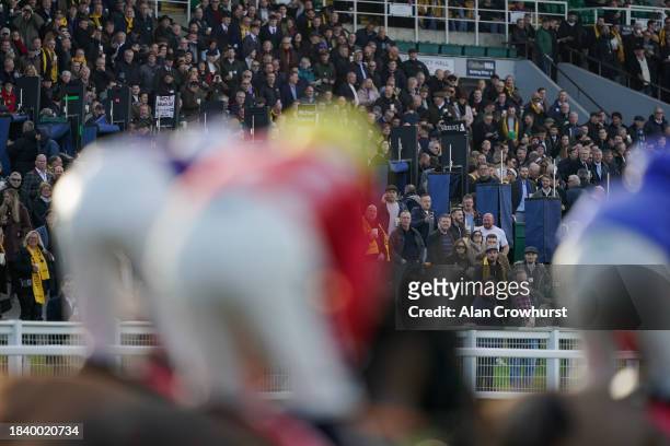 General view as runners pass the grandstand during The Betting.Betfair.com 'Introductory' Juvenile Hurdle at Sandown Park Racecourse on December 08,...