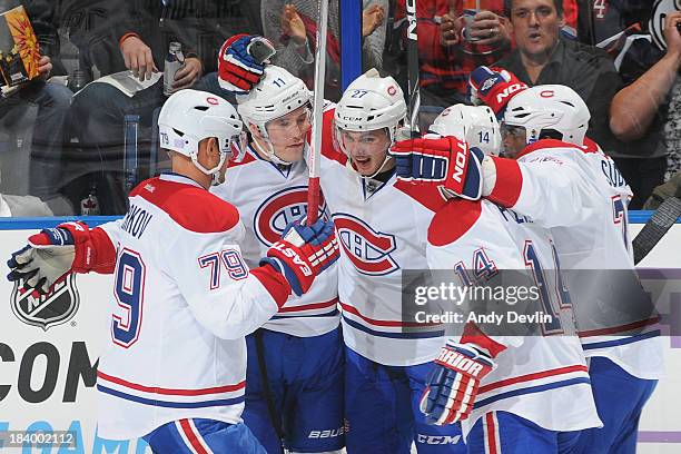 Andrei Markov, Brendan Gallagher, Alex Galchenyuk, Tomas Plekanec and P.K. Subban celebrate a goal againstf the Edmonton Oilers on October 10, 2013...