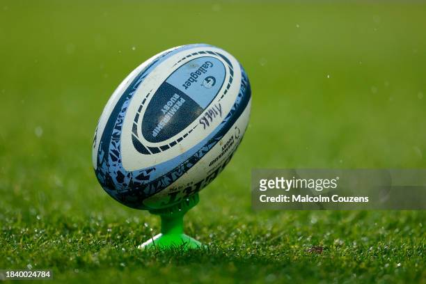 View of the matchball on a kicking-tee during the Gallagher Premiership Rugby match between Leicester Tigers and Newcastle Falcons at Mattioli Woods...