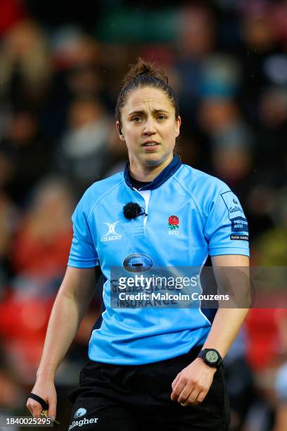 Referee Sara Cox looks on during the Gallagher Premiership Rugby match between Leicester Tigers and Newcastle Falcons at Mattioli Woods Welford Road...