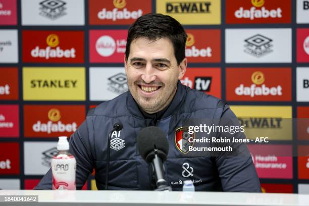 Head Coach Andoni Iraola of Bournemouth during a pre-match press conference at Vitality Stadium on December 08, 2023 in Bournemouth, England.