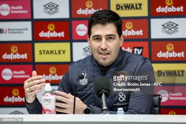 Head Coach Andoni Iraola of Bournemouth during a pre-match press conference at Vitality Stadium on December 08, 2023 in Bournemouth, England.
