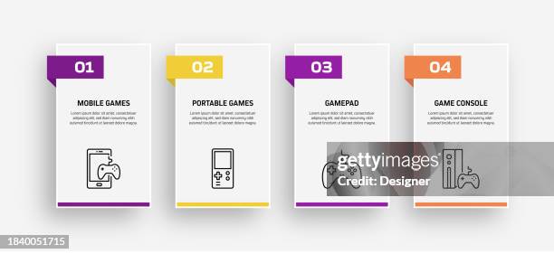 video game related process infographic template. process timeline chart. workflow layout with linear icons - gamification template stock illustrations