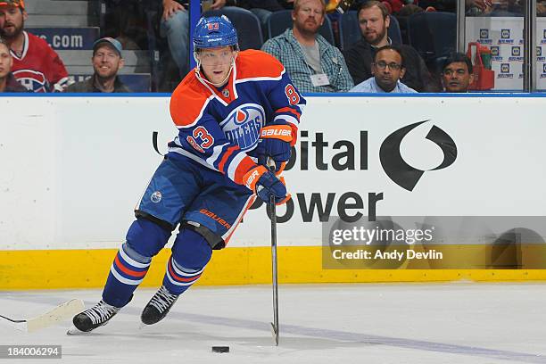 Ales Hemsky of the Edmonton Oilers skates on the ice in a game against the Montreal Canadiens on October 10, 2013 at Rexall Place in Edmonton,...