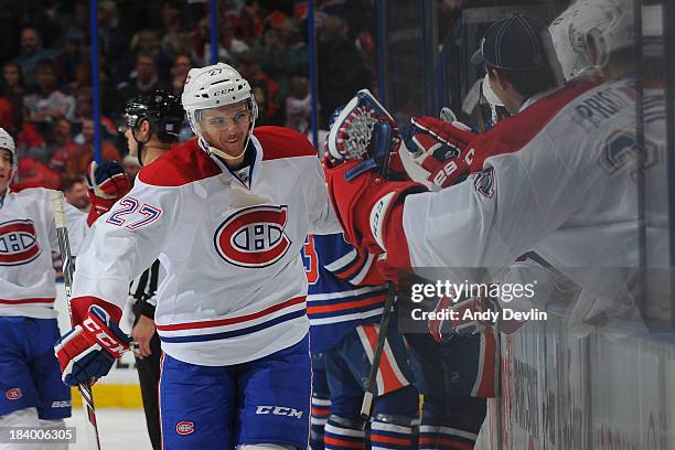 Alex Galchenyuk of the Montreal Canadiens celebrates a goal against the Edmonton Oilers on October 10, 2013 at Rexall Place in Edmonton, Alberta,...