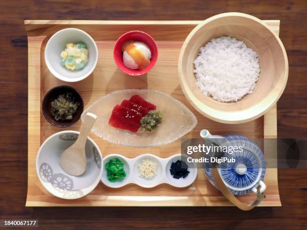 soy sauce marinated tuna and yamagata dashi chazuke set meal - kombu stock pictures, royalty-free photos & images