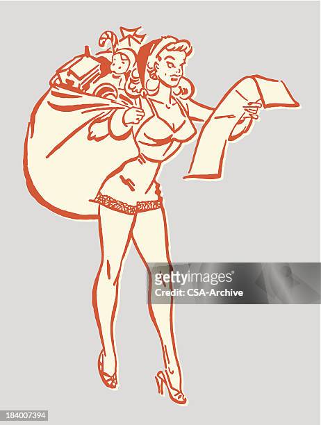 sexy santa woman carrying toys and checking list - glamour model stock illustrations