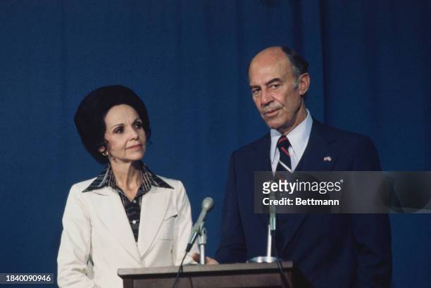 American politicians Paula Hawkins and Jack Eckerd standing at a lectern in Tallahassee, Florida, July 13th 1978.