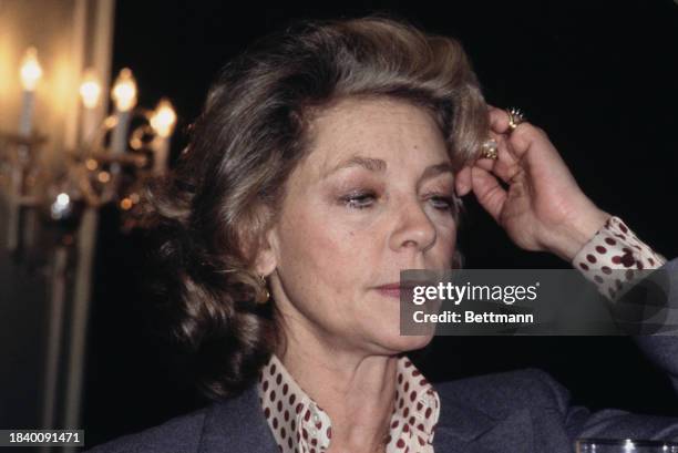 American actress Lauren Bacall attending a Foyles Literary Lunch in London, February 8th 1979.