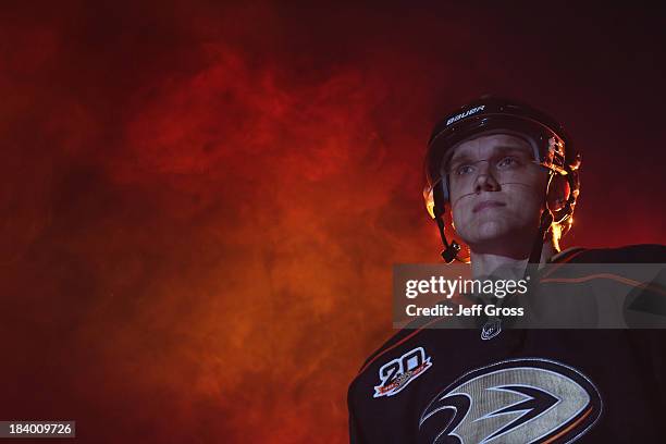 Jakob Silfverberg of the Anaheim Ducks is introduced prior to the start of the game against the New York Rangers at Honda Center on October 10, 2013...