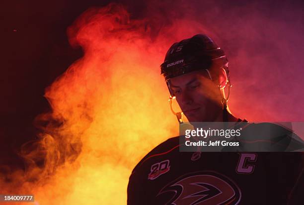 Ryan Getzlaf of the Anaheim Ducks is introduced prior to the start of the game against the New York Rangers at Honda Center on October 10, 2013 in...