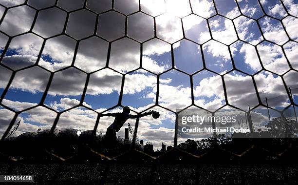 Goal keeper Ashley McGrath stops the ball during an Indigenous Australian International Rules Team training session at Gosch's Paddock on October 11,...