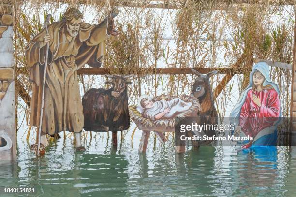 Floating nativity scene stands in the waters around Burano on December 08, 2023 in Venice, Italy. The scene is comprised of 60 wooden shapes,...