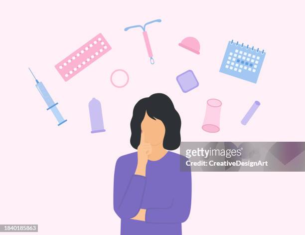woman thinking about appropriate contraception method for her. different types of contraception methods. birth control and pregnancy prevention - contraceptive patch stock illustrations