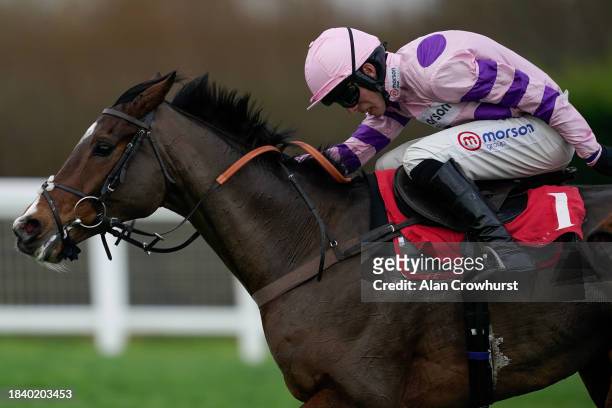 Harry Cobden riding Stay Away Fay clear the last to win The Betfair Esher Novices' Chase at Sandown Park Racecourse on December 08, 2023 in Esher,...