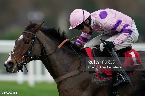 Harry Cobden riding Stay Away Fay clear the last to win The Betfair Esher Novices' Chase at Sandown Park Racecourse on December 08, 2023 in Esher,...