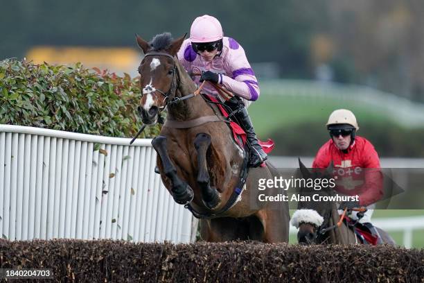 Harry Cobden riding Stay Away Fay on their way to winning The Betfair Esher Novices' Chase at Sandown Park Racecourse on December 08, 2023 in Esher,...