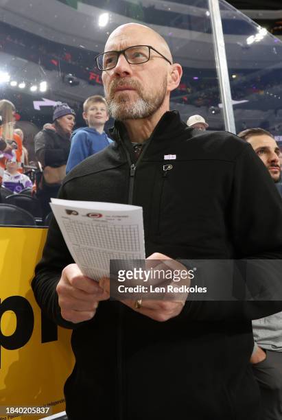 Assistant Coach Darryl Williams of the Philadelphia Flyers watches warm-up from the bench prior to his game against the Carolina Hurricanes at the...