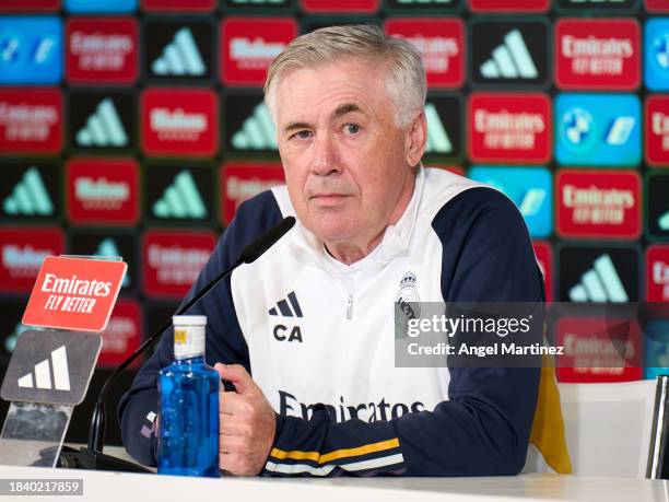 Head coach Carlo Ancelotti of Real Madrid speaks to the media during a press conference at Valdebebas training ground on December 08, 2023 in Madrid,...