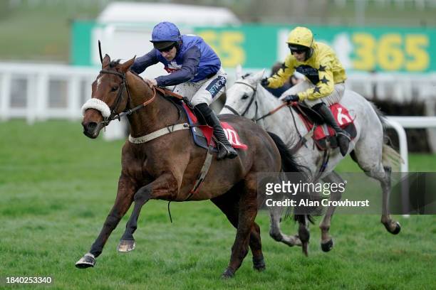 Gavin Sheehan riding Animal clear the last to win The Betfair Exchange Handicap Chase at Sandown Park Racecourse on December 08, 2023 in Esher,...
