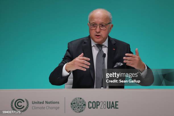 Former French Foreign Minister Laurent Fabius, who chaired the COP21 that delivered the Paris climate change agreement, speaks to the media on day...