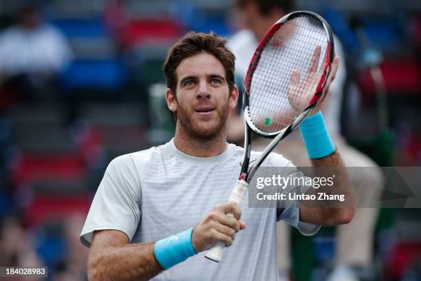 Juan Martin Del Potro of Argentina celebrates after defeating Nicolas Almagro of Spain during day five of the Shanghai Rolex Masters at the Qi Zhong...