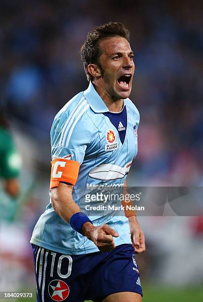 Alessandro Del Piero of Sydney celebrates scoring a goal during the round one A-League match between Sydney FC and the Newcastle Jets at Allianz...