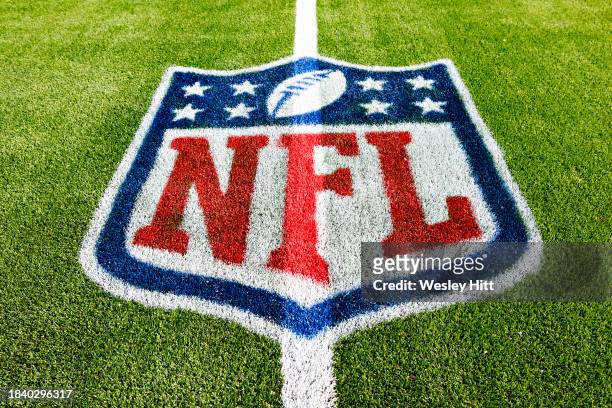 Logo on the field before the game between the Tennessee Titans and the Indianapolis Colts at Nissan Stadium on December 3, 2023 in Nashville,...