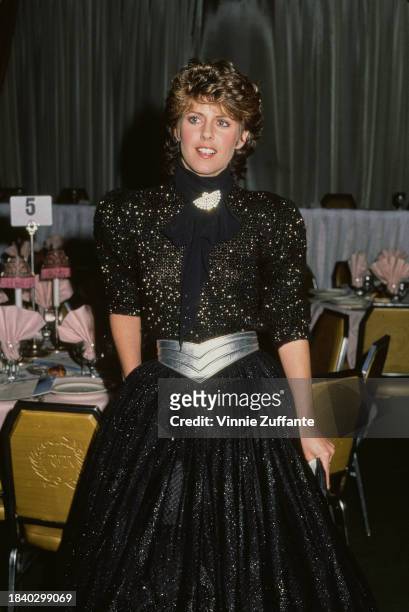 American actress Pam Dawber, wearing a sequin black evening gown with a silver-coloured belt, attends the gala dinner of the 2nd Annual Israeli Film...